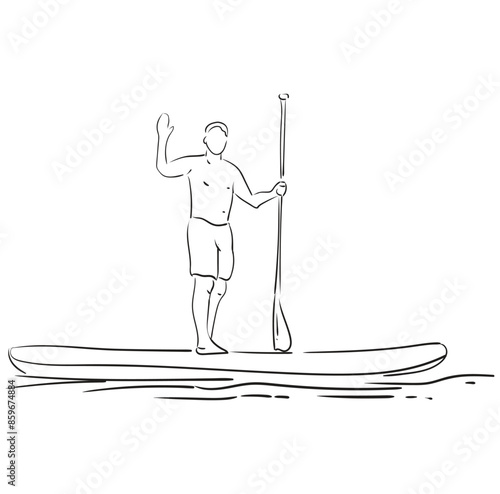 Stand up paddle boarding. Male surfer with paddle. Paddleboarding, SUP fitness on water. Surfrider guy on board. Abstract isolated contour of surfboarder.