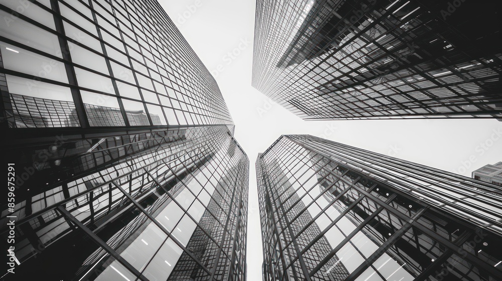 Fototapeta premium A black and white monochrome a city skyline with tall buildings