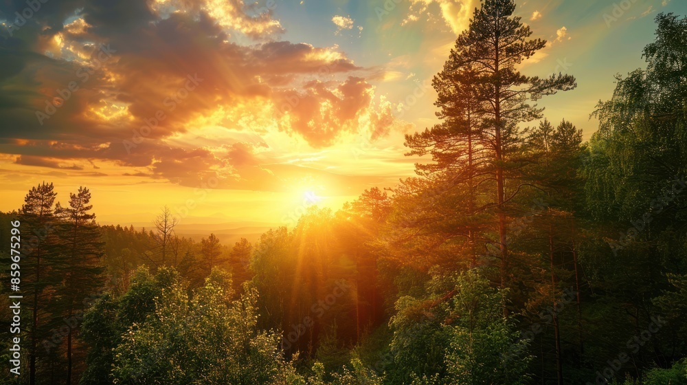Beautiful landscape sun is setting over a forest casting a warm glow on the trees Beautiful landscape sun is setting over a forest casting a warm glow on the trees