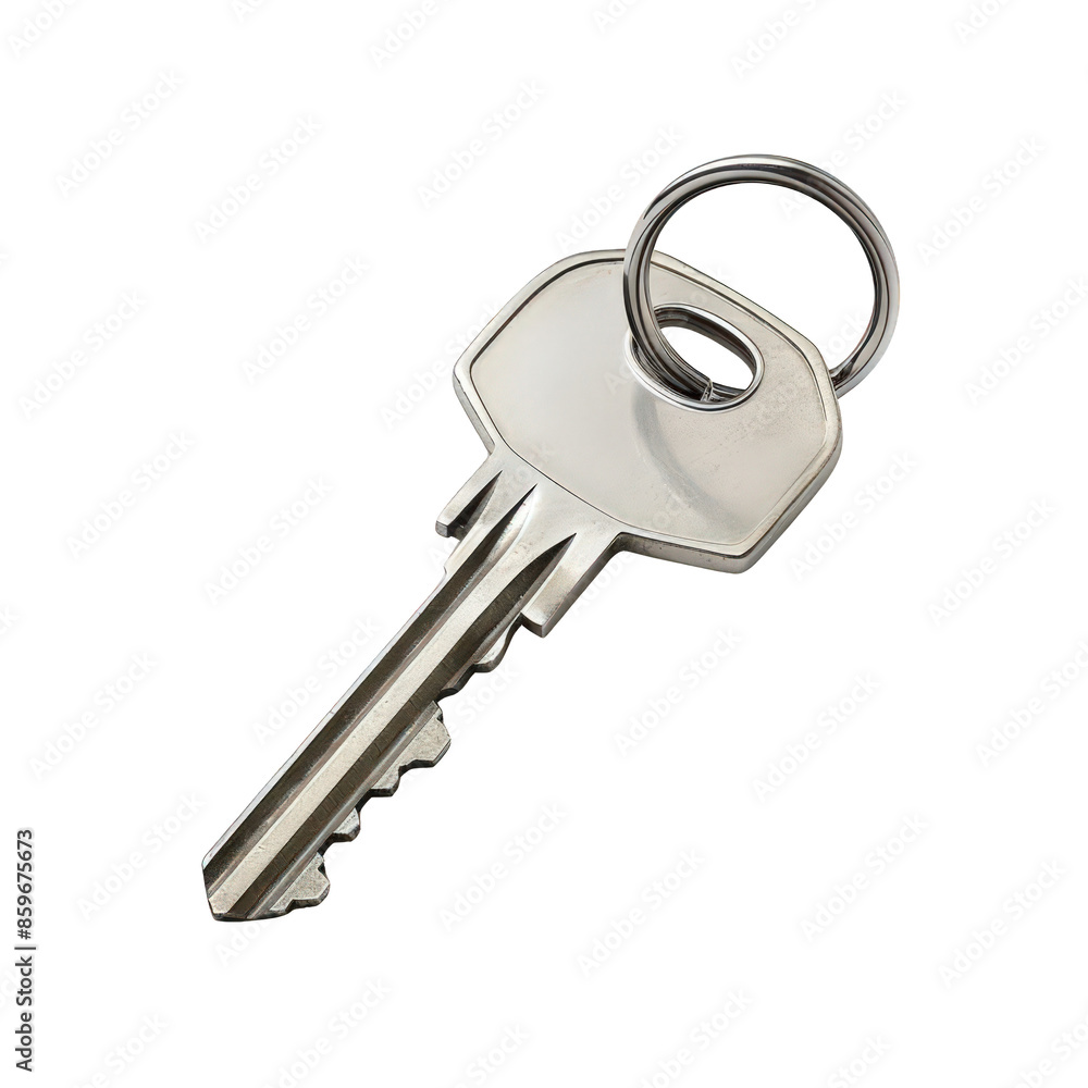Shiny Realistic House Key on White Background - Essential Household Element Shiny Realistic House Key on White Background - Essential Household Element