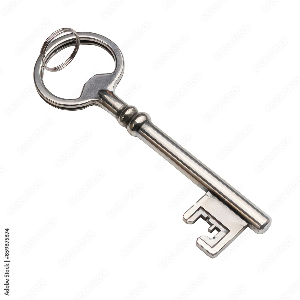 Shiny Metallic House Key Isolated on White Background - Realistic Household Element Shiny Metallic House Key Isolated on White Background - Realistic Household Element