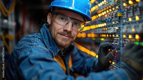 A smiling technician in safety gear, including a blue hard hat and gloves, is shown working on a sophisticated electronic setup, reflecting competence and confidence in a technical environment.