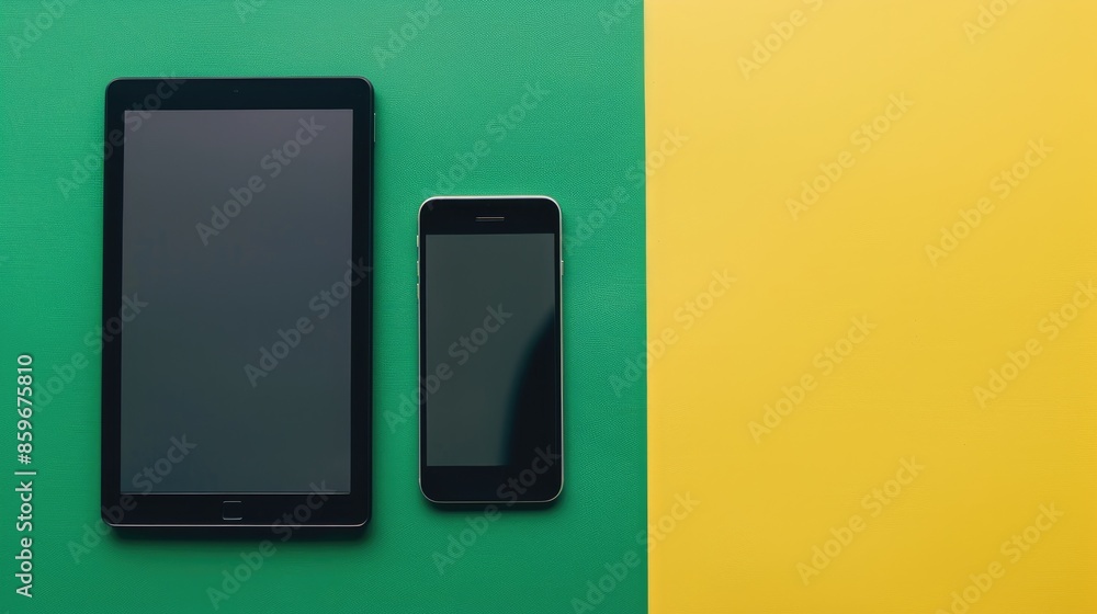 Digital tablet and smartphone displayed from above on green and yellow background Digital tablet and smartphone displayed from above on green and yellow background