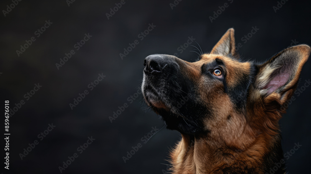 Close-up of German Shepherd dog looking upwards on a dark background. Pet portrait for design and print. Close-up of German Shepherd dog looking upwards on a dark background. Pet portrait for design and print.