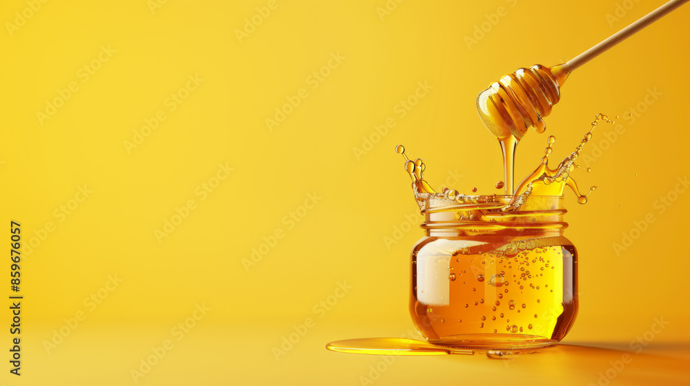 Honey dripping into jar with splash on yellow background. Food background for design and print. Honey dripping into jar with splash on yellow background. Food background for design and print.