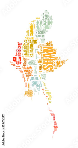 Myanmar Word Cloud. Country shape with region division. Myanmar typography style image. Region names tag clouds. Vector illustration.