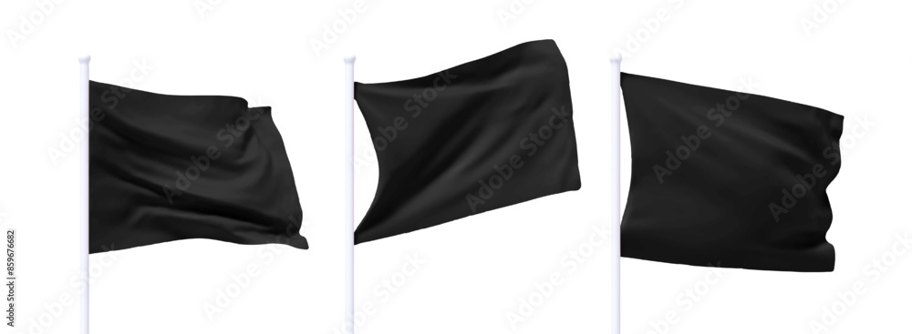 Set of black waving flag on flagpole. Realistic 3d design flag flies on ...