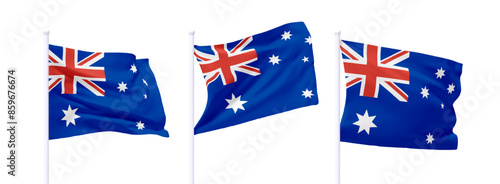 Set of Australian waving flag on flagpole. Realistic 3d design flag flies on the wind on isolated white background. vector illustration