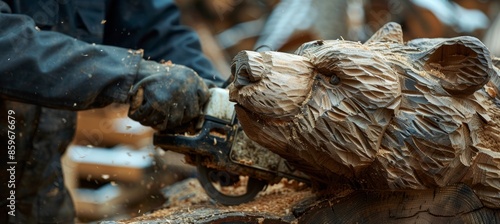 Intricate Chainsaw Carving of Bear from Tree Trunk - Detailed Woodworking Art for Rustic Decor photo