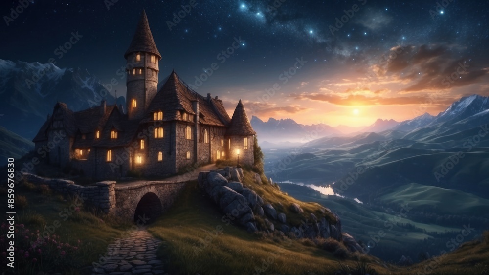 Magic castle on the background of mountains and moonlight Magic castle on the background of mountains and moonlight