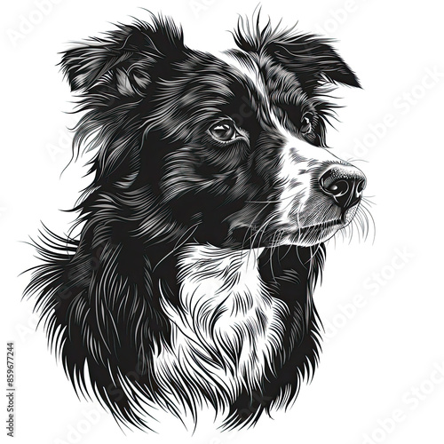 A black and white drawing of a Border Collie dog