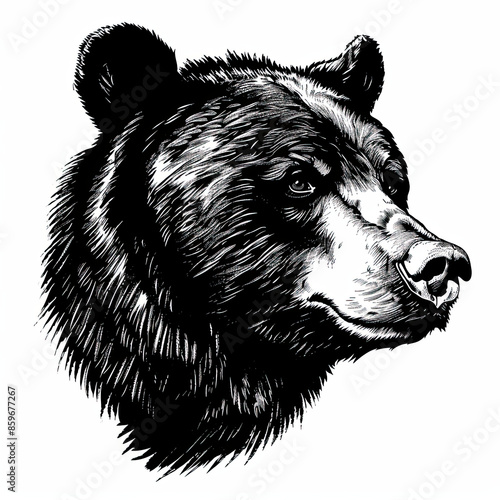 A black and white drawing of a bear 's head
