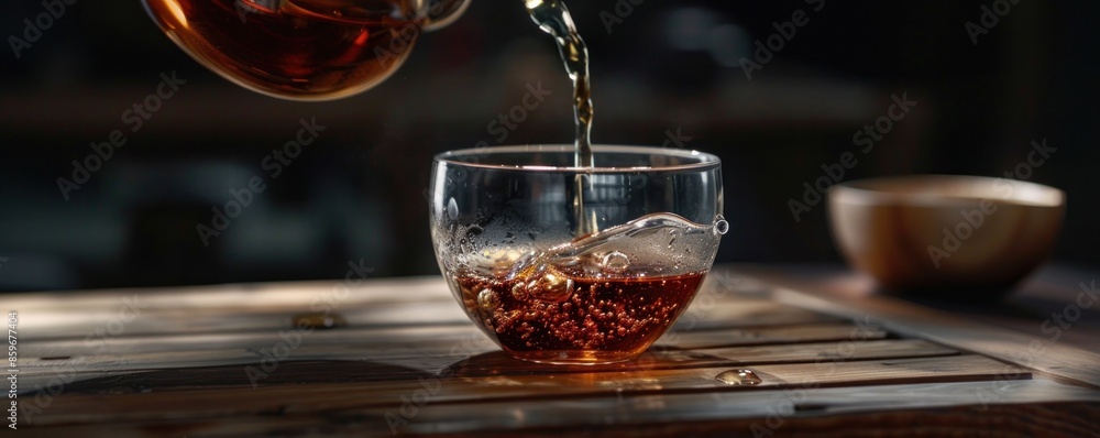 Fototapeta premium A close-up shot of black tea being poured into a glass cup on a wooden table. The warm, rich colors and rising steam evoke a sense of comfort and relaxation. Free copy space for banner.