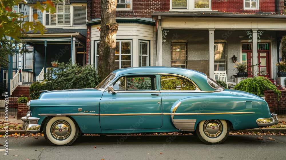 Fototapeta premium A blue vintage car is parked on a residential street in front of a row of brick and wood-paneled houses.