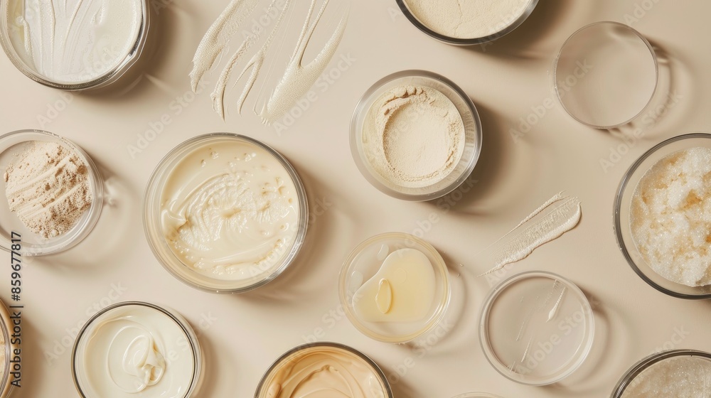 Different beauty items in Petri dishes on a beige background seen from above with empty space Different beauty items in Petri dishes on a beige background seen from above with empty space