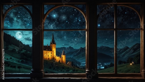 View of the magical hills at night from the castle