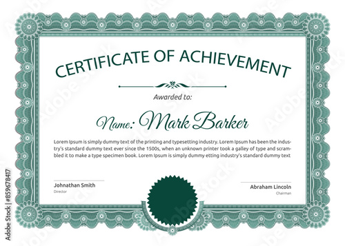 Green colour achievement certificate template. Vector illustration design. 
