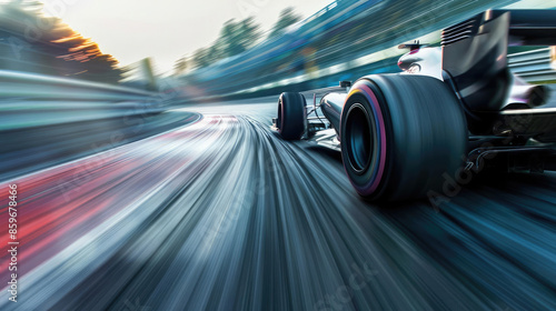 A lowangle shot of a racing car with a motionblurred track, capturing the intensity and speed