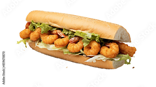Crispy Shrimp Po'Boy Sandwich Collection Set on White Background - Traditional Southern Cuisine, Delicious Gourmet Lunch Images for Menus and Food Blogs