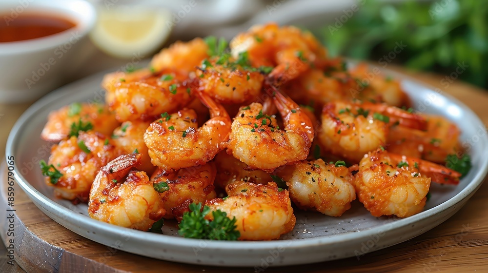 A tempting dish of seasoned shrimp garnished with fresh parsley, beautifully arranged on a white plate, with a side of lemon and a dipping sauce, depicting a savory meal. A tempting dish of seasoned shrimp garnished with fresh parsley, beautifully arranged on a white plate, with a side of lemon and a dipping sauce, depicting a savory meal.