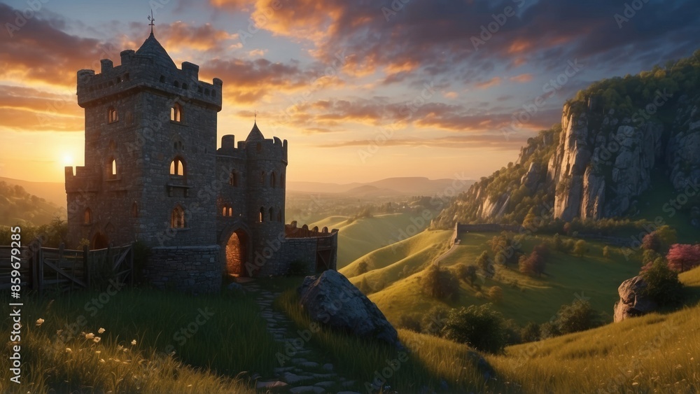 Spring landscape of historic castle ruins against the background of beautiful and natural green hills illuminated by the sun rays Spring landscape of historic castle ruins against the background of beautiful and natural green hills illuminated by the sun rays