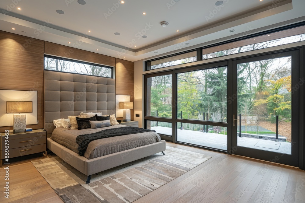 Fototapeta premium Modern luxury bedroom with large windows
