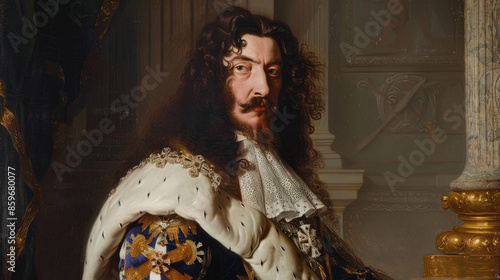 The portrait of a solemn man with long curly hair and a beard, wearing ornate clothes and a fur-trimmed cape, standing in front of a grand pillar. photo