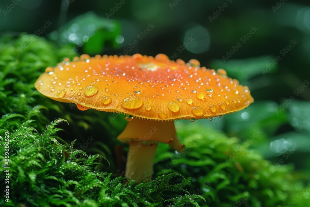 Obraz premium Orange mushroom with dew in green mossy forest