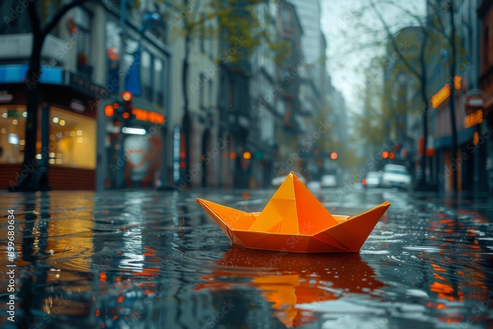 Obraz premium Paper Boat in Rainy Cityscape