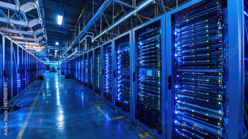 Rows of server racks with blue and green lights line a large  industrial room. Overhead cables and bright lighting illuminate the clean  organized space.