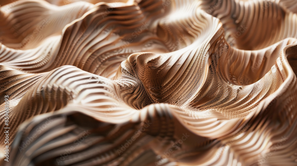 Curving wooden shapes ripple across the surface, creating a wave-like pattern. The texture appears smooth, with light and shadows highlighting the ridges. Curving wooden shapes ripple across the surface, creating a wave-like pattern. The texture appears smooth, with light and shadows highlighting the ridges.