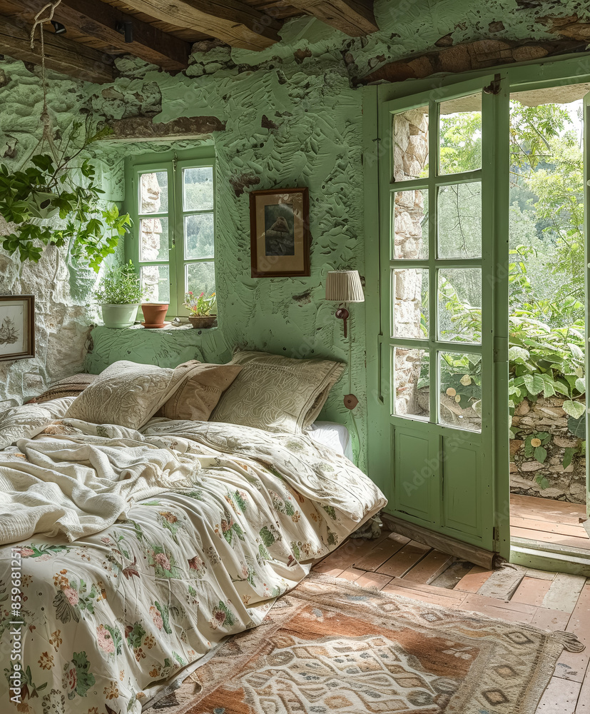 A bedroom with a green door and a white bed with a floral patterned comforter. A bedroom with a green door and a white bed with a floral patterned comforter.