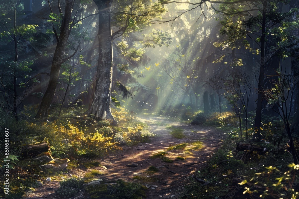 Peaceful Forest Path with Sunlight Streaming Through Trees - Ideal for Nature Posters and Prints Peaceful Forest Path with Sunlight Streaming Through Trees - Ideal for Nature Posters and Prints