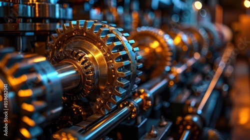 A detailed, close-up shot of mechanical gears within an industrial machine, showcasing the intricate engineering and metallic elements, illuminated by soft, ambient lighting. © svastix