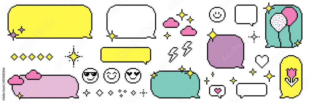 Speech bubbles in the mood of 90's aesthetics. Set of pixel art ...