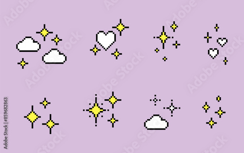Pixel sparkling star. Glitter stars. Sparkles. Heart. Pixel art style set. Mood of 90's aesthetics. 8-bit retro style pixelated vector illustration. Simple geometric form. Shining icon collection