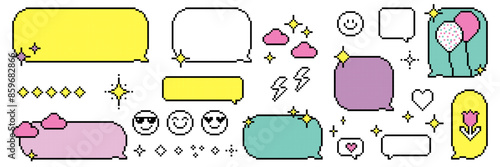 Speech bubbles in the mood of 90's aesthetics. Set of pixel art dialogue box with shining stars emoji, heart and sparkles. Bright funny colors. 8-bit retro style pixelated vector illustration on white