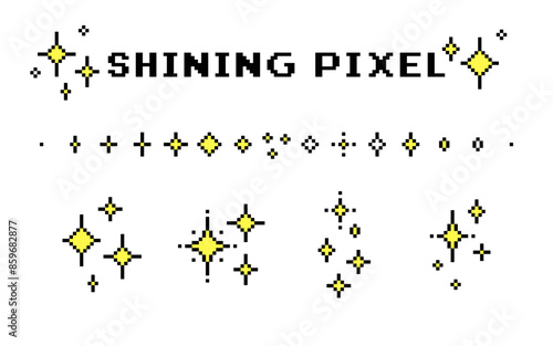 Sparkling pixel art style set. Glitter stars. Sparkles. Bright yellow color. Mood of 90's aesthetics. 8-bit retro style pixelated vector illustration. Simple geometric form. Shining icon pack on white