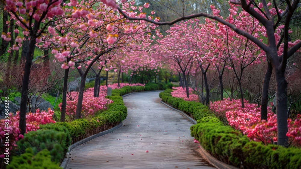 Serene Spring Stroll: Cherry Blossom Path in Scenic Garden Serene Spring Stroll: Cherry Blossom Path in Scenic Garden