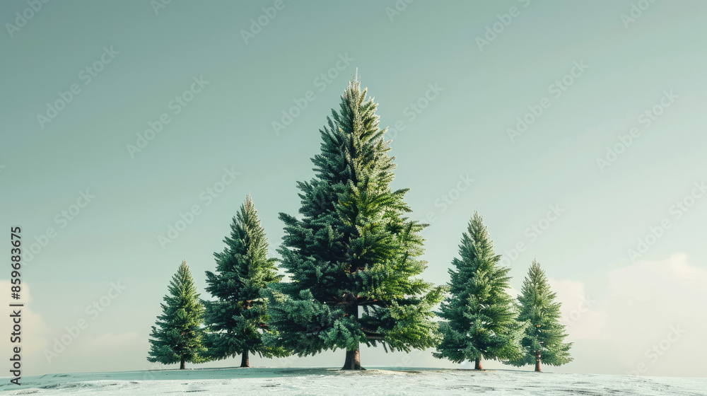 Five tall pine trees stand in a line on a snowy plain under a clear ...