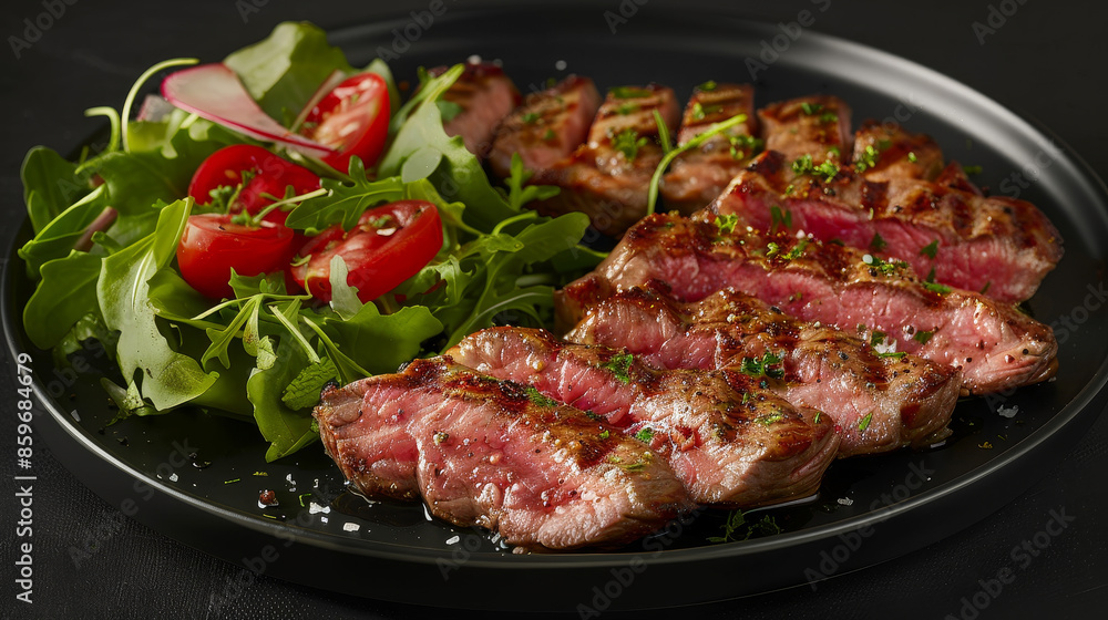 A plate of meat and salad with a black background A plate of meat and salad with a black background