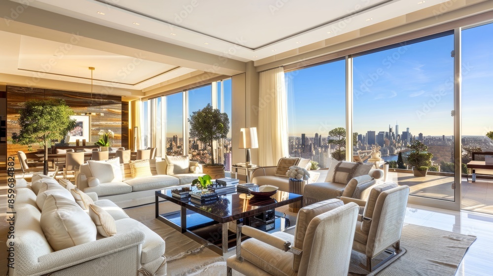Fototapeta premium Luxury Penthouse with Modern Furniture and Balcony Overlooking the City for Elegant Living