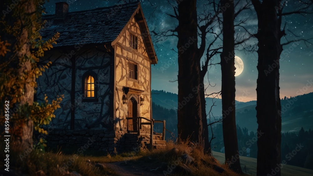 Fantastic castle landscape on romantic sky background