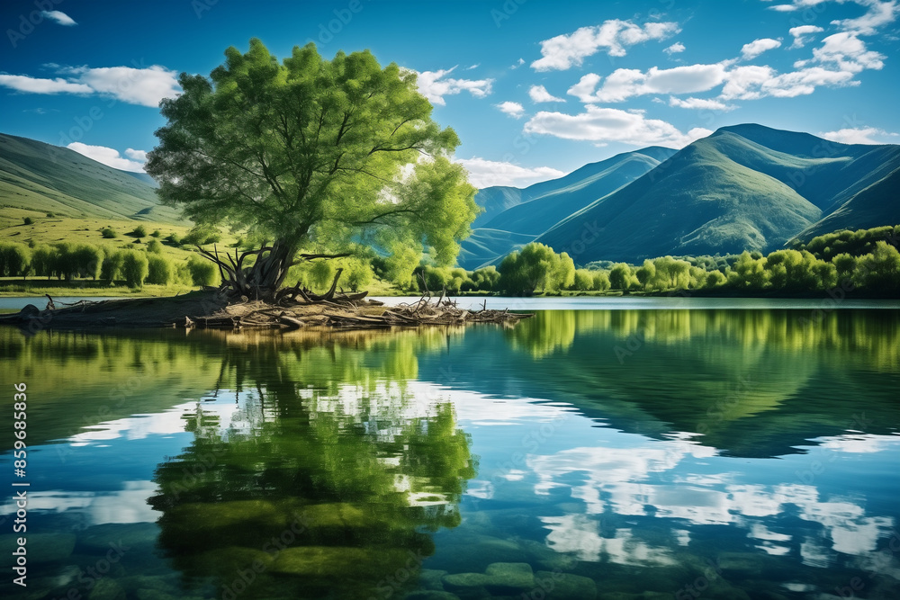 Fototapeta premium Serene Lake with Tree Reflection, Green Mountains, Blue Sky