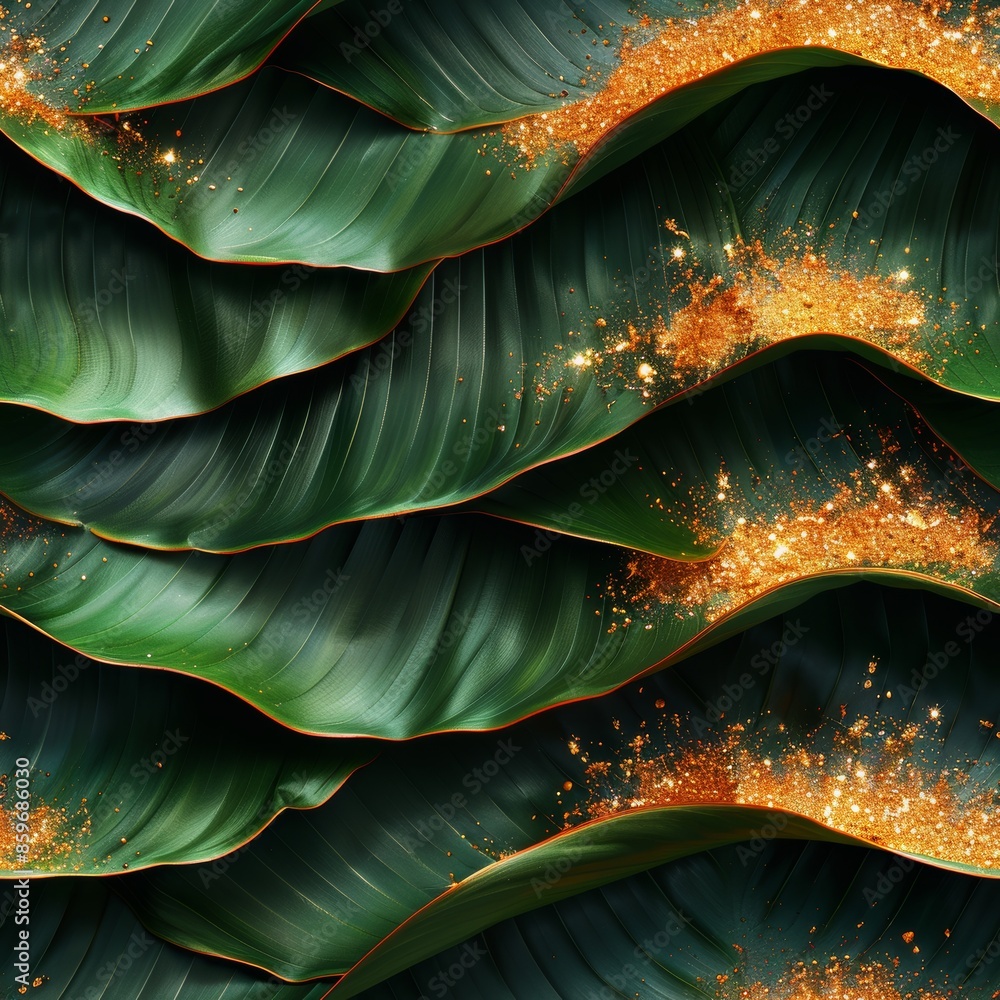 Obraz premium Luxurious palm leaf pattern with golden monstera leaves abstract jungle wallpaper design