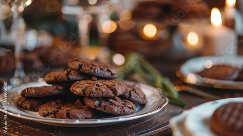A plate of chocolate cookies is piled on top of another plate