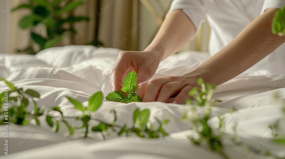 Professional Chambermaid Placing Mint on Freshly Made Bed in Elegant Hotel Room - Hospitality Perfection Professional Chambermaid Placing Mint on Freshly Made Bed in Elegant Hotel Room - Hospitality Perfection