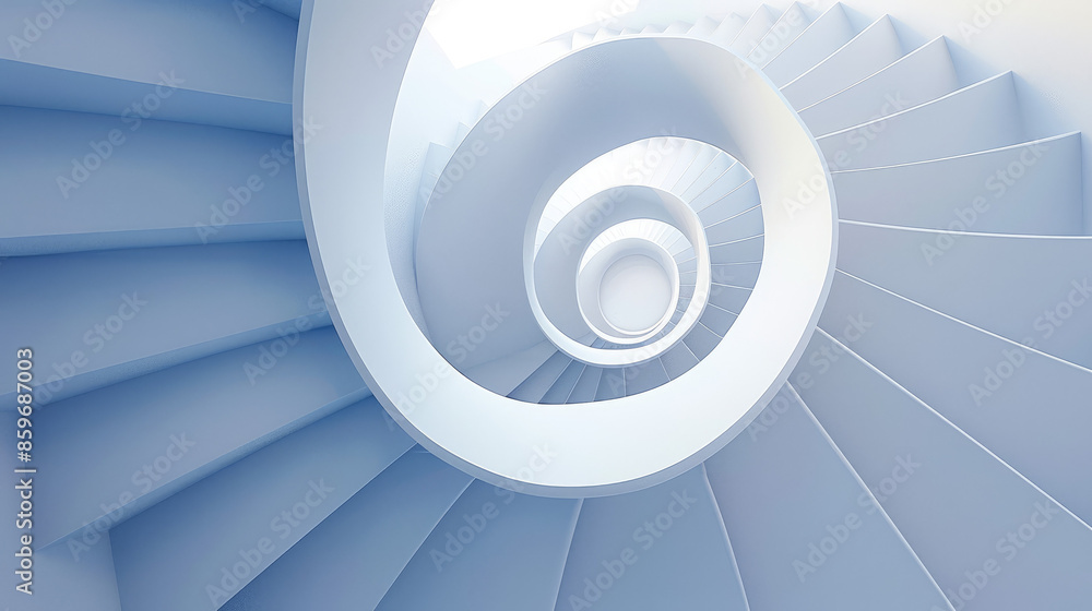 A white spiral staircase viewed from the top, with light blue steps creating a smooth, flowing, circular pattern that narrows downwards. A white spiral staircase viewed from the top, with light blue steps creating a smooth, flowing, circular pattern that narrows downwards.