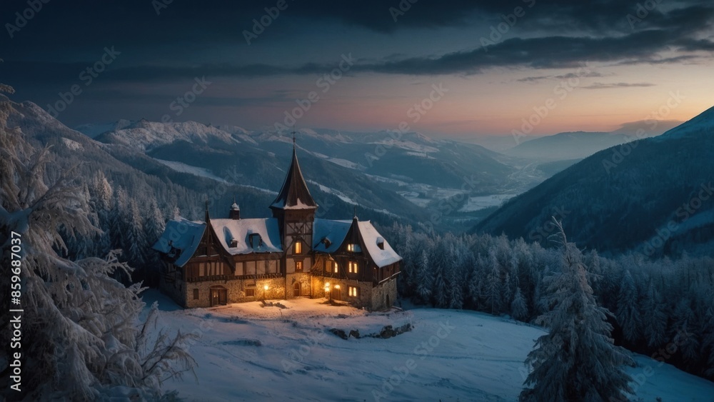 Fantastic castle landscape, winter in the mountains Fantastic castle landscape, winter in the mountains