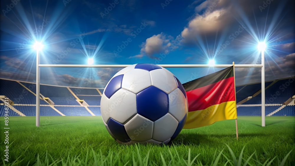 Naklejka premium 3D Rendering Of A Soccer Ball With The German Flag On A Green Field With Stadium Lights In The Background